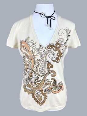 Beaded Knit Top Short Sleeve Embroidered (M)